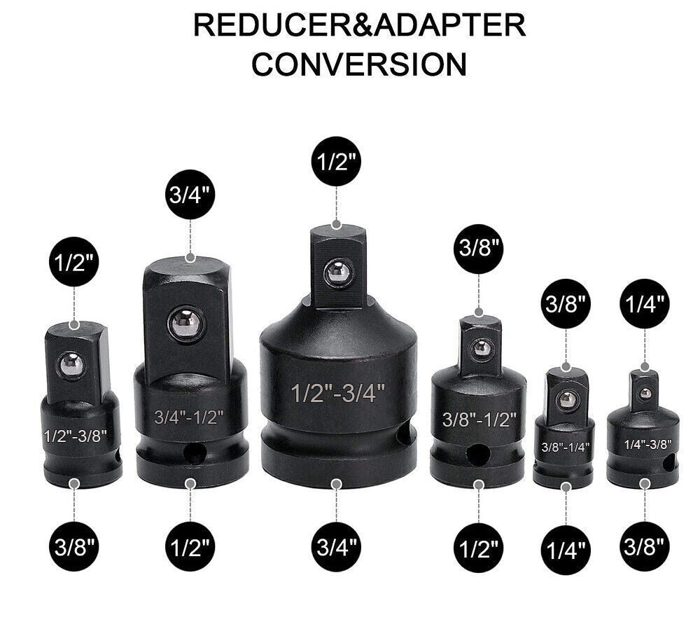 6 X Impact Socket Adapter And Reducer Set Female To Male 1-4 3-8 1-2 3-4