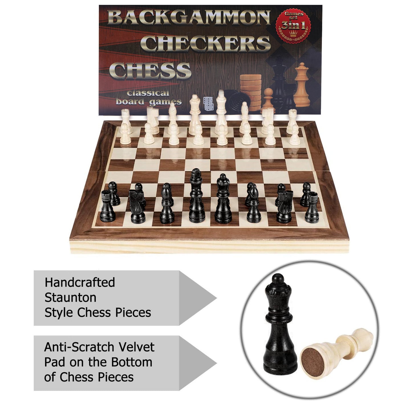 3 In 1 Wooden Chess Set Folding Chess Pieces Wooden Chess Board Family Toy