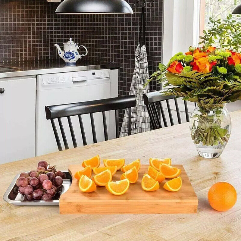 Bamboo Wooden Chopping Board Cutting Slicing Sliding Stainless Steel Tray