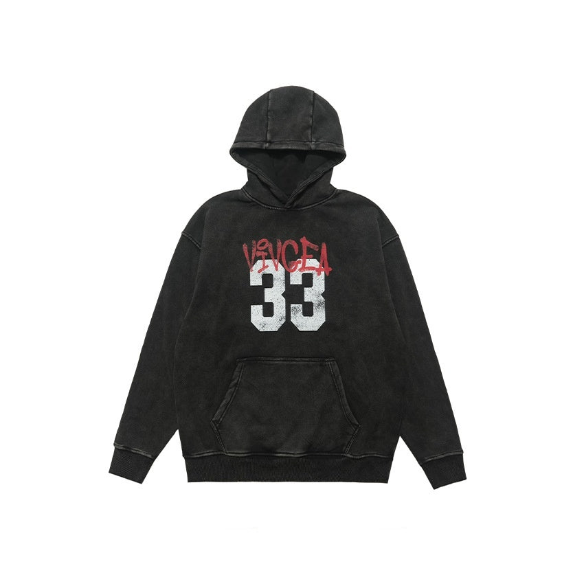 New Retro Digital Printing Washed Old Hooded Fleece Lined Sweater Men
