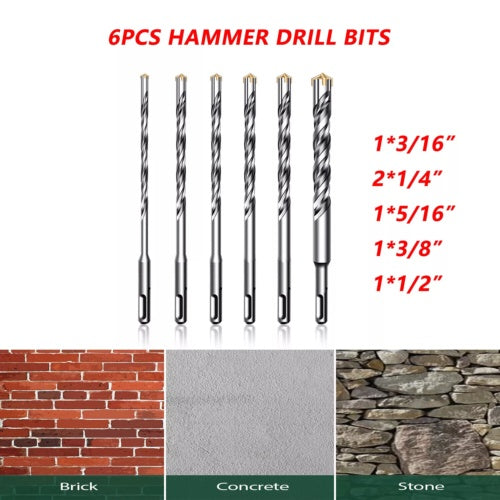 6PCS Hammer Drill Bits SDS Plus Set Concrete Masonry Granite Fit
