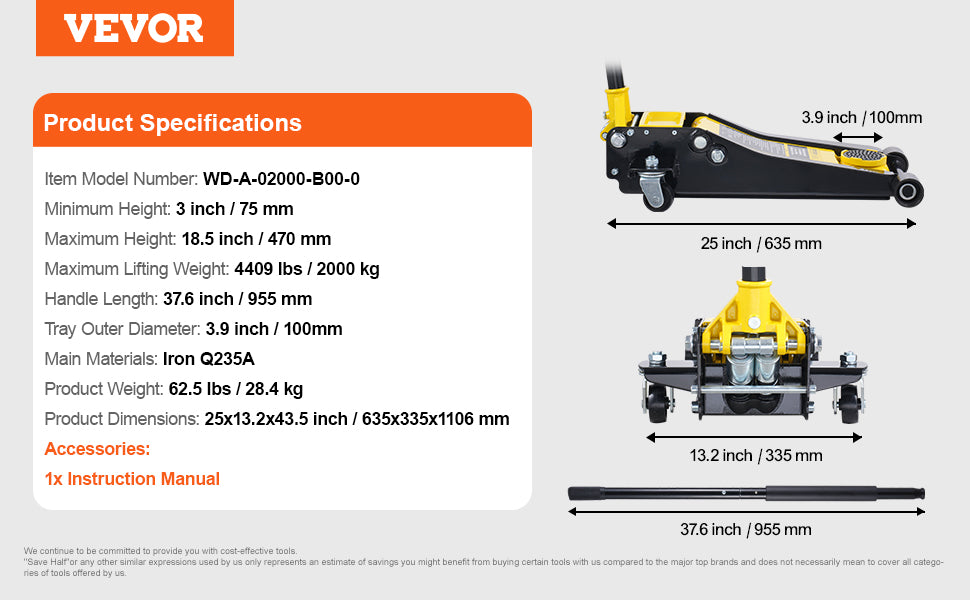 VEVOR 2T Low Profile Floor Jack , Heavy Duty Iron Hydraulic Racing Floor Jack, Hydraulic Car Jack, Single Piston Lift Pump