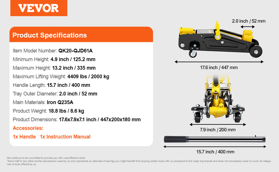VEVOR 2T Low Profile Floor Jack , Heavy Duty Iron Hydraulic Racing Floor Jack, Hydraulic Car Jack, Single Piston Lift Pump