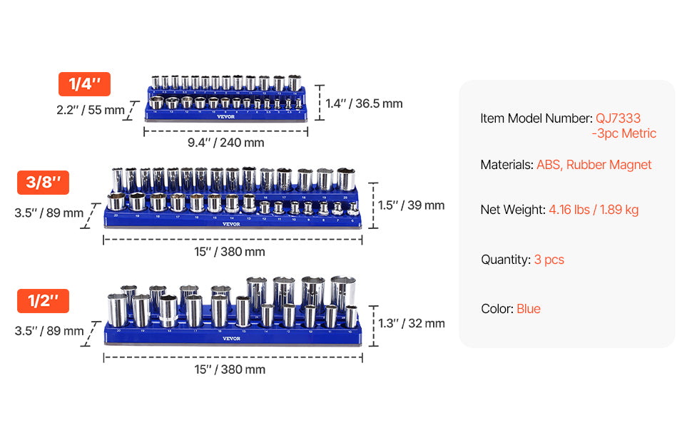 VEVOR 3PCS Metric Magnetic Socket Organizer Set 1/4'' 3/8'' & 1/2'' Socket Trays Hold up to 75PCS Standard & Deep Sockets