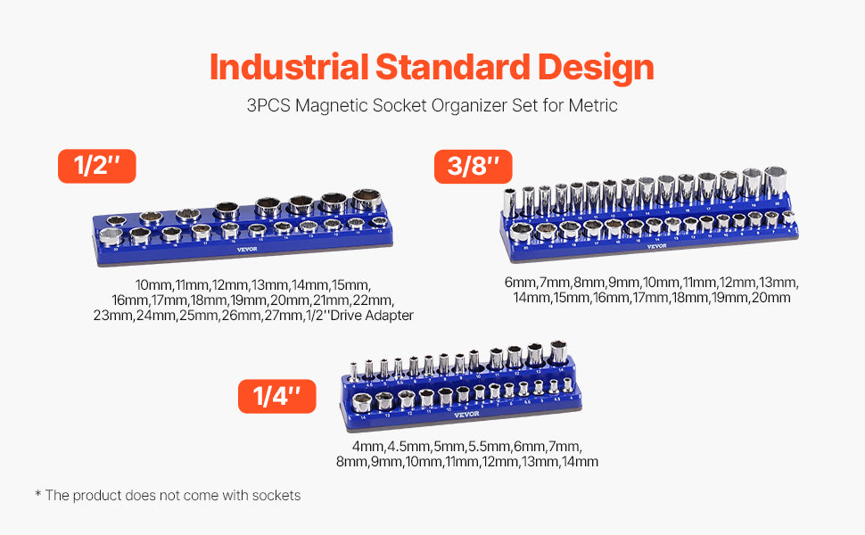 VEVOR 3PCS Metric Magnetic Socket Organizer Set 1/4'' 3/8'' & 1/2'' Socket Trays Hold up to 75PCS Standard & Deep Sockets