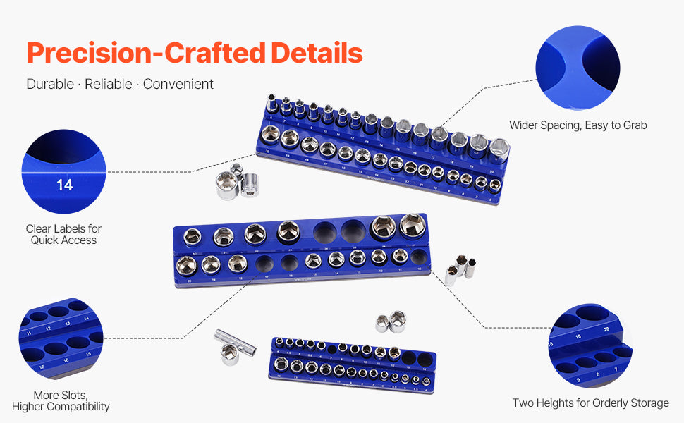 VEVOR 3PCS Metric Magnetic Socket Organizer Set 1/4'' 3/8'' & 1/2'' Socket Trays Hold up to 75PCS Standard & Deep Sockets