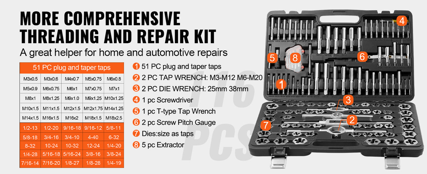 VEVOR 116-Piece Tap and Die Set Include Metric and SAE Size Bearing Steel Taps and Dies Essential Threading Tool