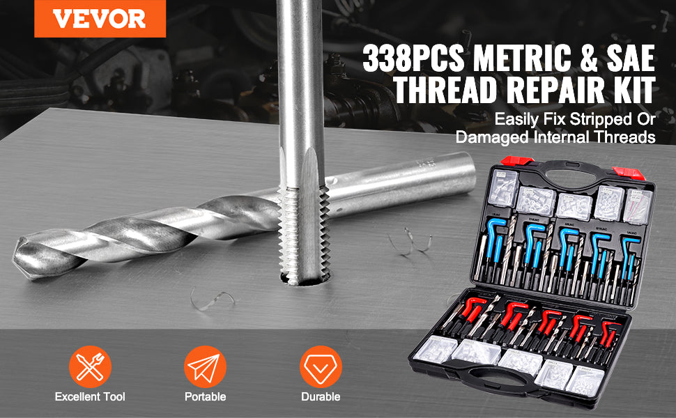 VEVOR Helicoil Thread Repair Kit SAE and Metric Rethreading Tool Kit HSS Drill Bits Thread Inserts Breakoff Installation Tools