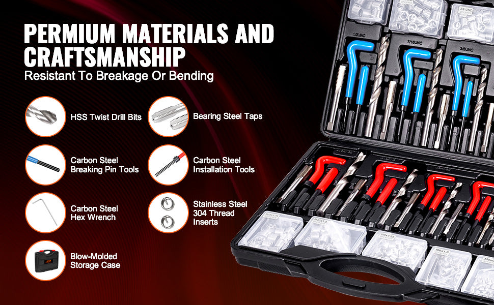 VEVOR Helicoil Thread Repair Kit SAE and Metric Rethreading Tool Kit HSS Drill Bits Thread Inserts Breakoff Installation Tools