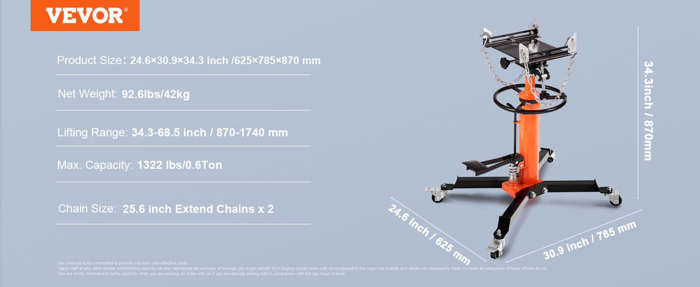 VEVOR Transmission Jack 1322 LBS Hydraulic Telescoping Transmission Jack 32"-67" High Lift Floor Jack Stand Lift Hoist Garage