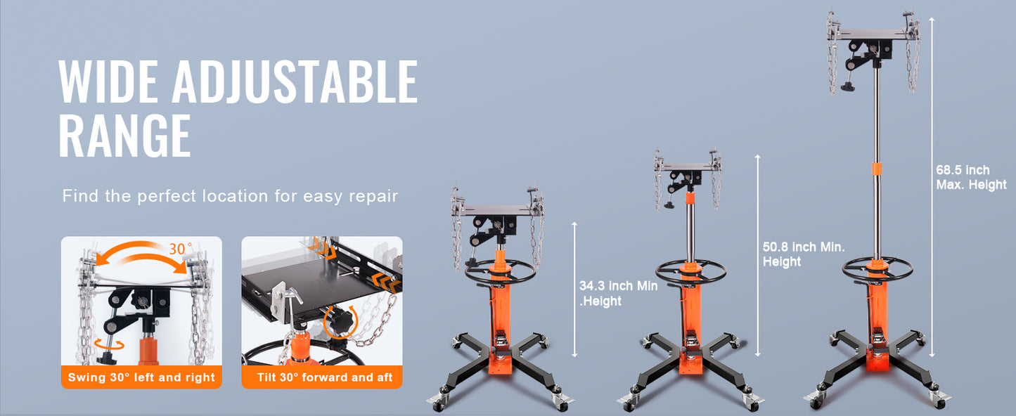 VEVOR Transmission Jack 1322 LBS Hydraulic Telescoping Transmission Jack 32"-67" High Lift Floor Jack Stand Lift Hoist Garage