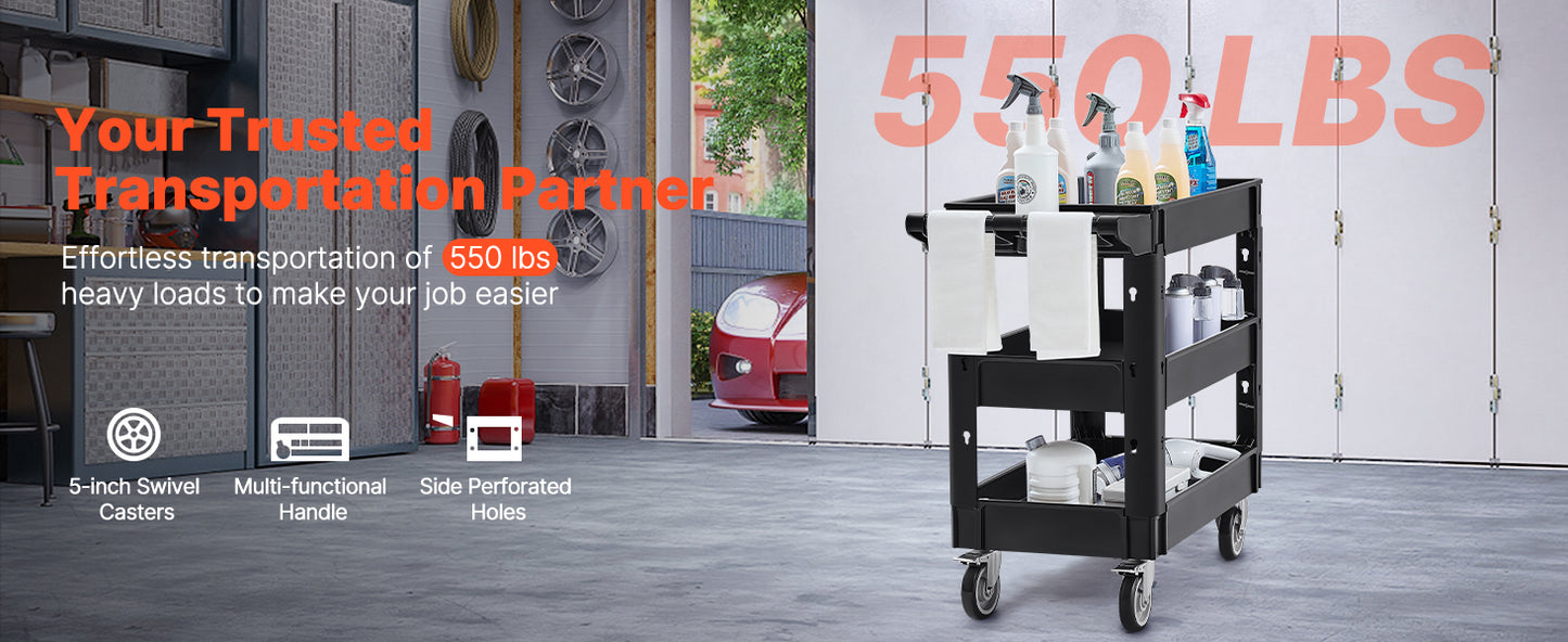VEVOR 2/3 Shelf Utility Service Cart Heavy Duty with 360° Swivel Wheels Ergonomic Storage Handle for Warehouse/Garage/Cleaning