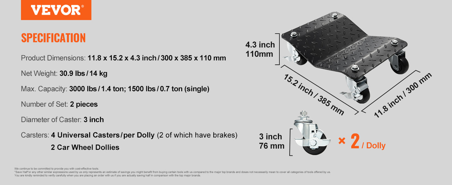 VEVOR Car Tire Wheel Trolley Dollies 2/4PCS 1500 Lbs Weight Capacity Vehicle Skates Moving Tire with 4 Casters Auto Repair Mover
