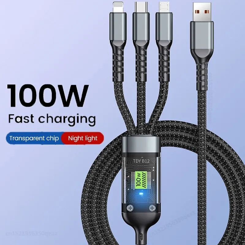 3 In 1 Usb 100w Cable For Fast Charging And Data Mini Usb Type C Micro Suitable For Iphone Android