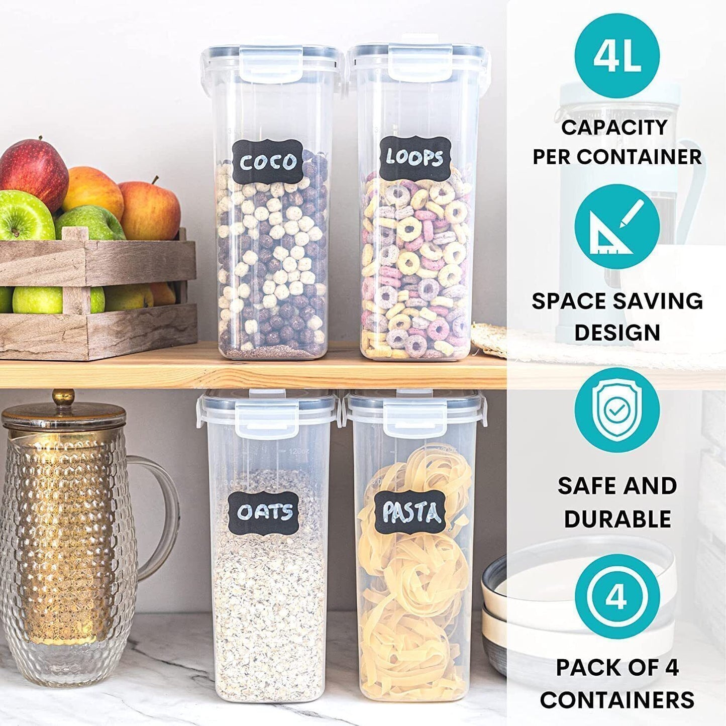 SET OF 4 AIR TIGHT STORAGE CONTAINERS CEREAL FOOD DRY KITCHEN PATRY DISPENSER