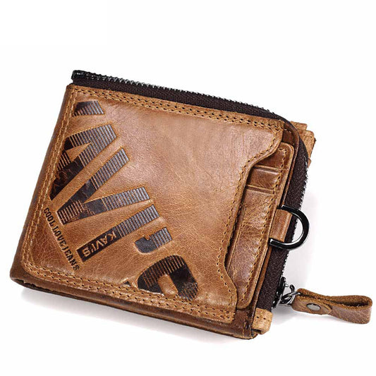 Genuine Cowhide Men's Short Wallet Fashion Casual Zipper Wallet Open Multifunctional