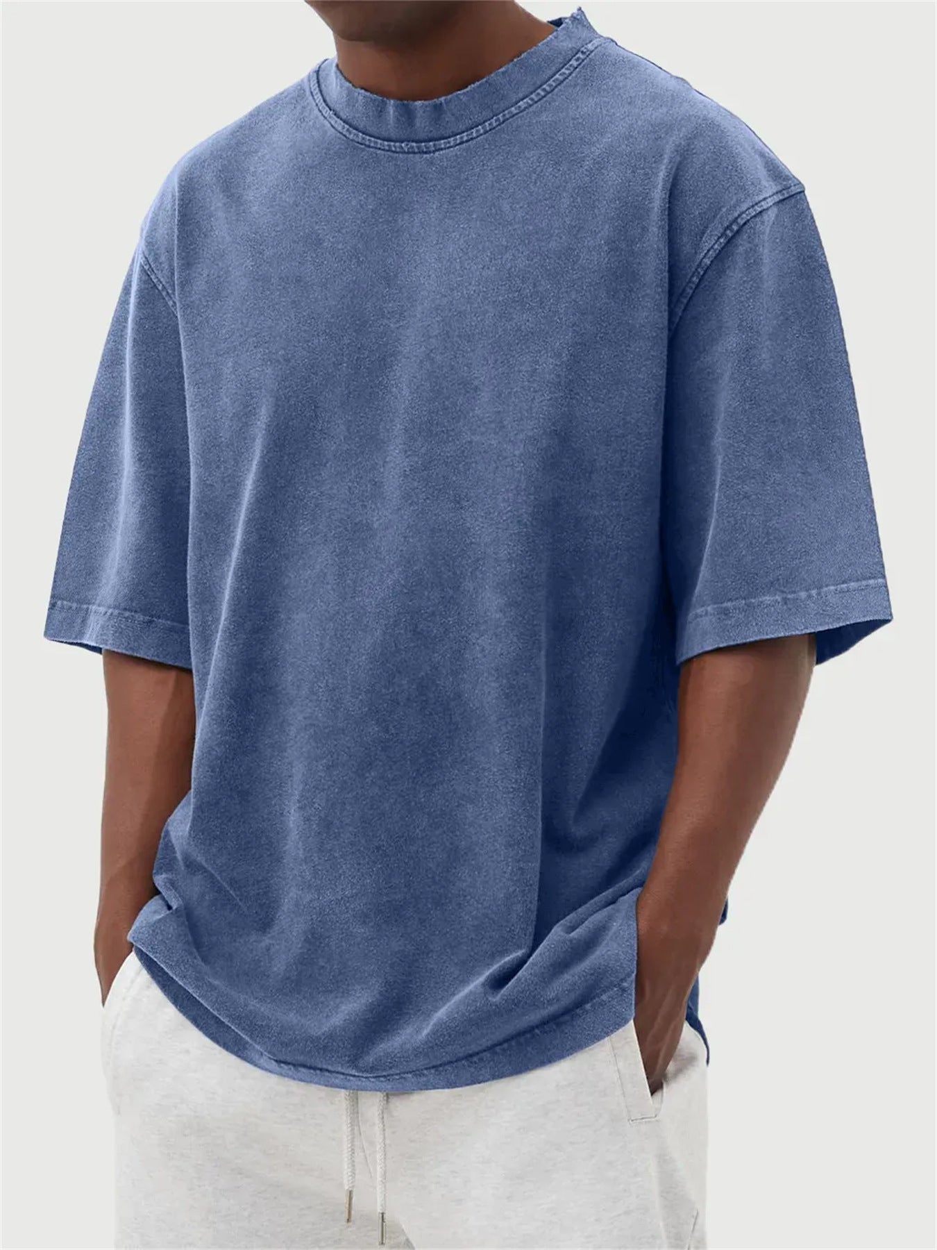 Men's Washed Fried Color Distressed Solid Color Pullover Short T-shirt