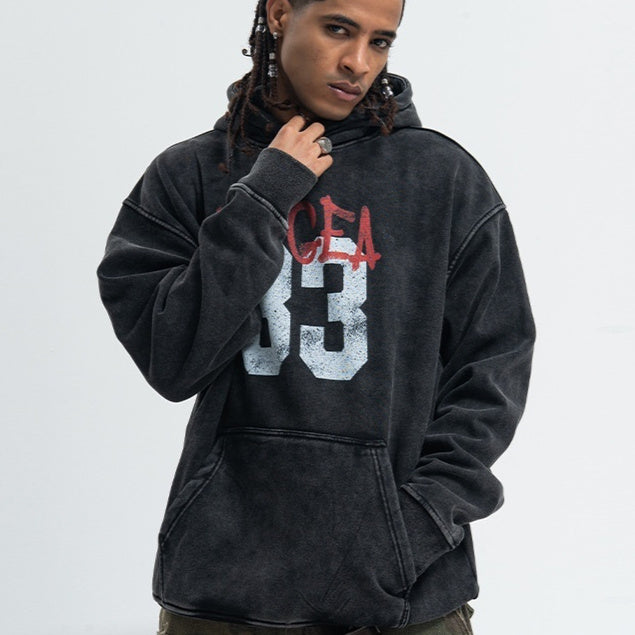 New Retro Digital Printing Washed Old Hooded Fleece Lined Sweater Men