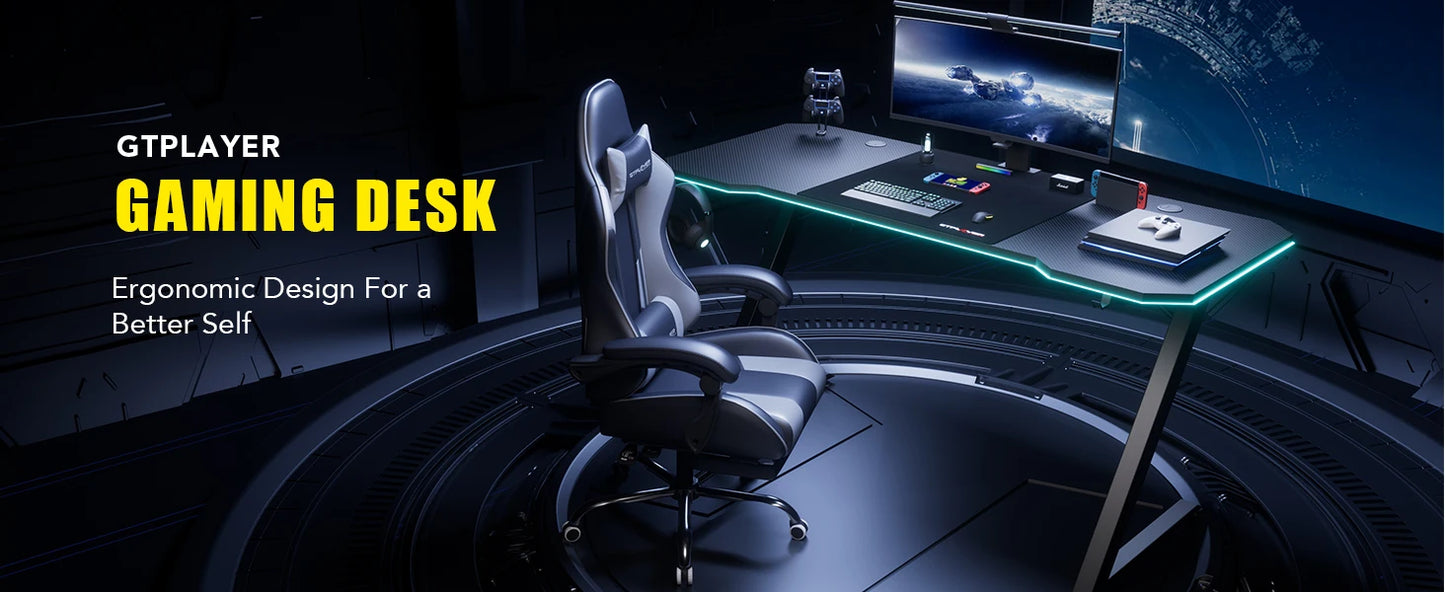 GTPLAYER Gaming Desk Computer Desk Sturdy Carbon Fiber Z Frame Large Gaming Table with Headphone Hooks PC Desk