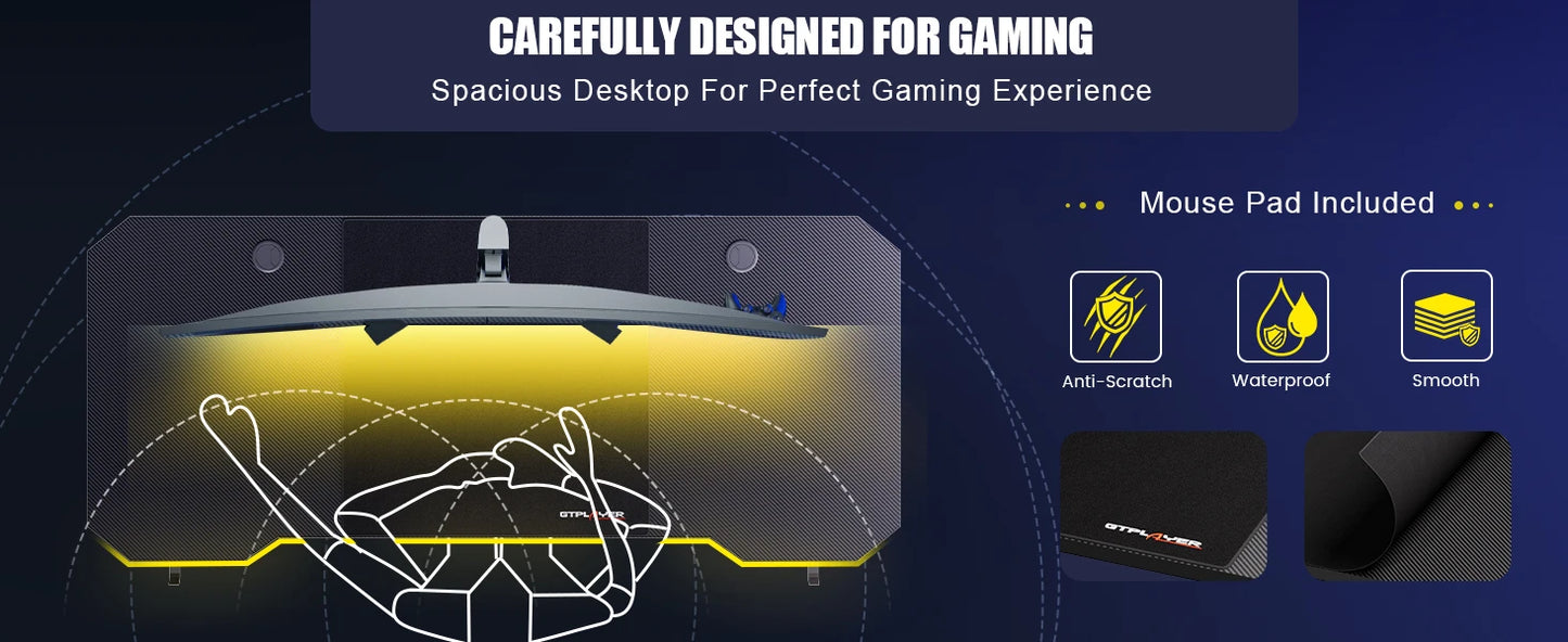 GTPLAYER Gaming Desk Computer Desk Sturdy Carbon Fiber Z Frame Large Gaming Table with Headphone Hooks PC Desk