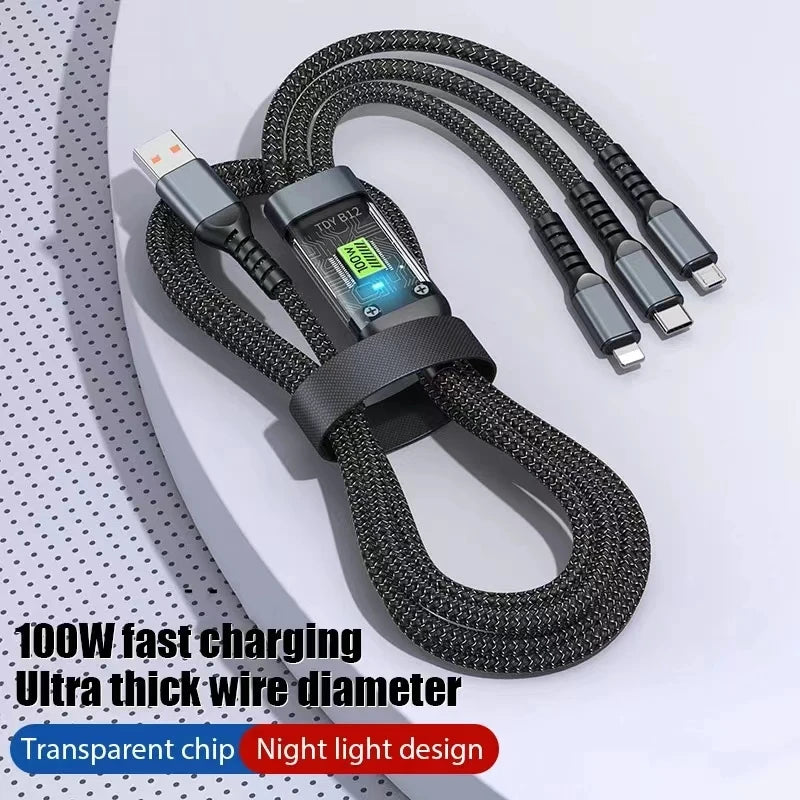 3 In 1 Usb 100w Cable For Fast Charging And Data Mini Usb Type C Micro Suitable For Iphone Android