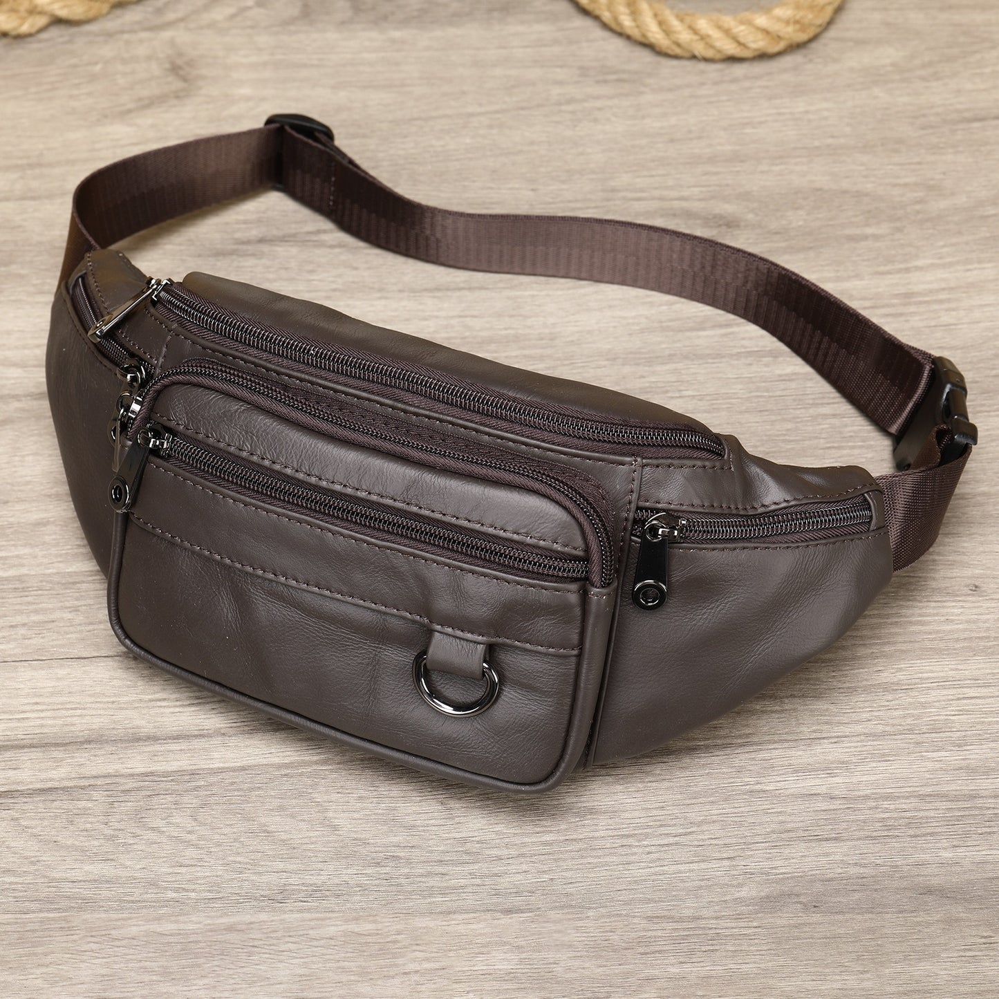 Men's sheepskin waist bag outdoor black mobile phone bag leisure sports crossbody chest bag