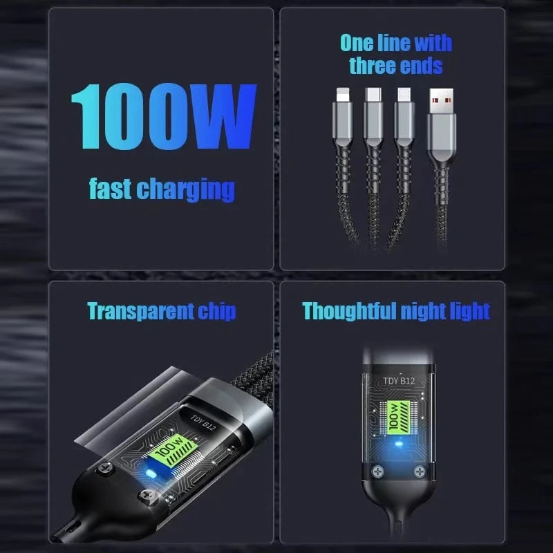 3 In 1 Usb 100w Cable For Fast Charging And Data Mini Usb Type C Micro Suitable For Iphone Android
