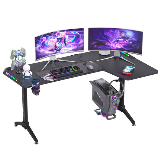 L Shape Corner Desk Game Table with 6 Colors RGB Light Headphone Hook and Cup Holder