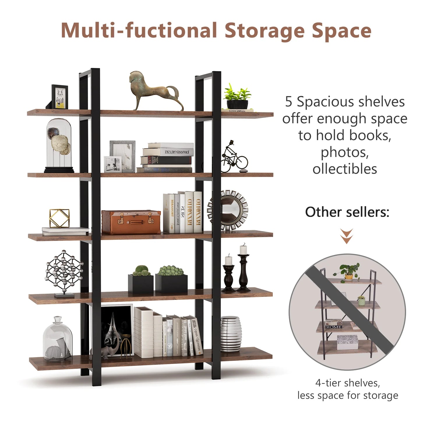 Tribesigns Industrial Bookshelf, Tall Bookcase with Open Shelves, Wood and Metal Display Shelf Storage Shelves