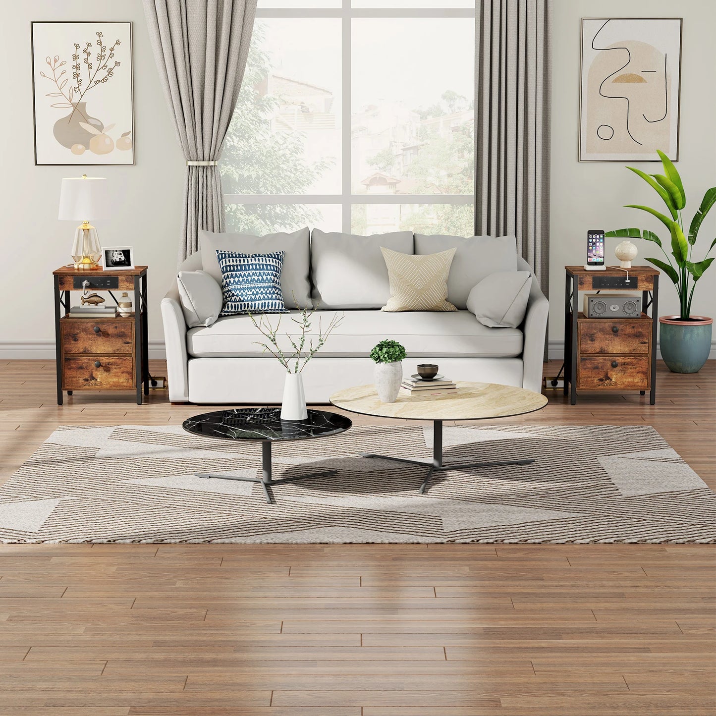 Bedside Table with Charging Station Side Table with 2 USB Ports and 2 AC Outlets Bed Side Table with 2 Flip-Down Compartments