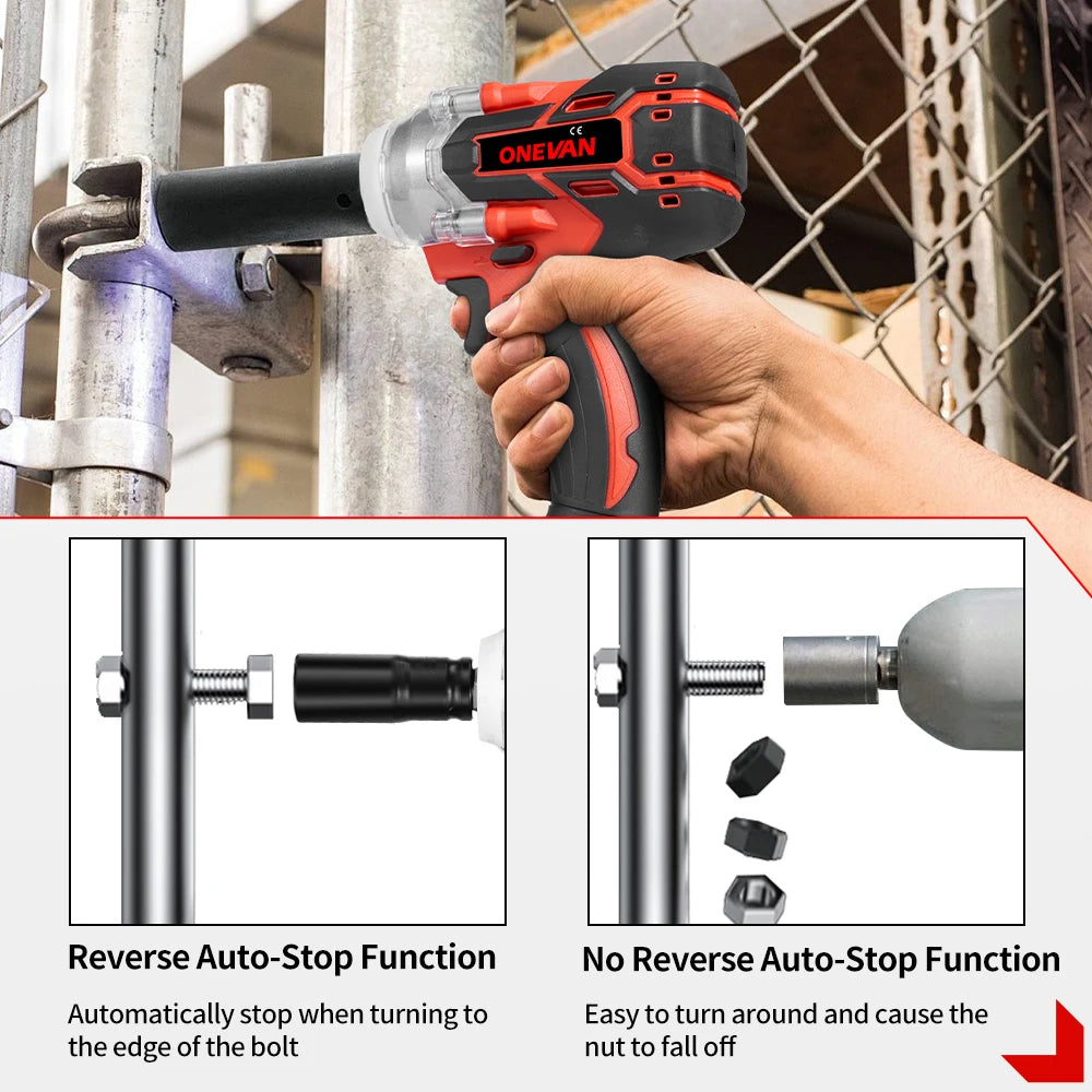 ONEVAN 1/2inch 520N.M Brushless Electric Wrench Cordless Torque Impact Wrench Car Repair Power Tool Set for 21V 18V Battery
