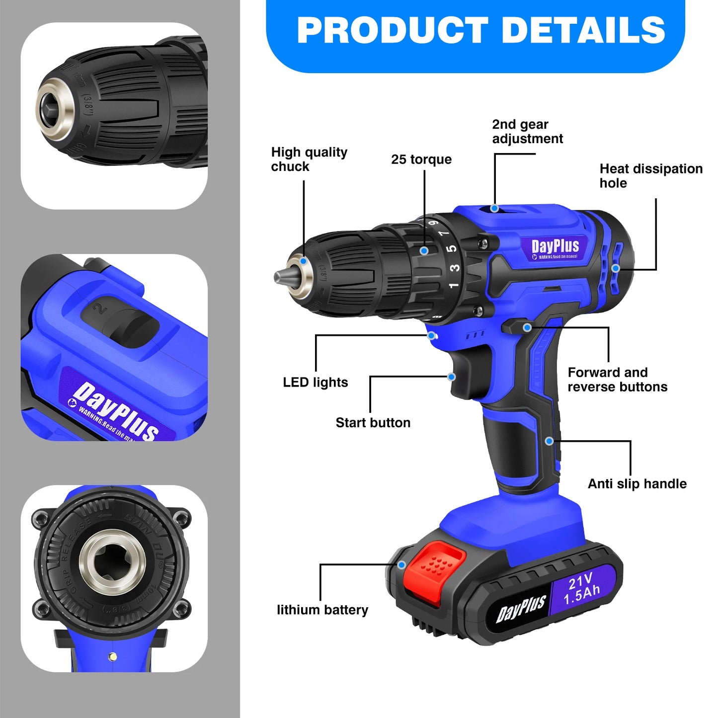 21V Cordless Power Drill,Handheld Screwdriver Drill Set with 25+1 Torque Setting,1.5AH Li-ion Battery&Fast Charger,2-Gear Drill