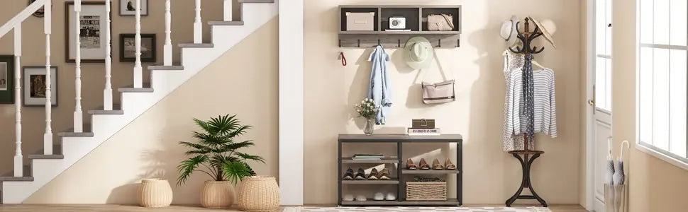 Tribesigns Coat Rack Shoe Bench Set, Hall Tree with Shoe Bench, Industrial Shoe Rack Bench with Coat Rack, 3 Storage Cubbies