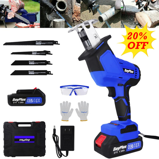 DayPlus Brushless Reciprocating Saw 21V Electric Cordless Reciprocating Saw for Cutting Wood and metal With Battery & 4 Saw Blades