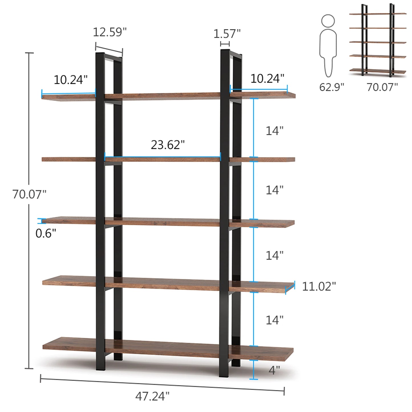 Tribesigns Industrial Bookshelf, Tall Bookcase with Open Shelves, Wood and Metal Display Shelf Storage Shelves
