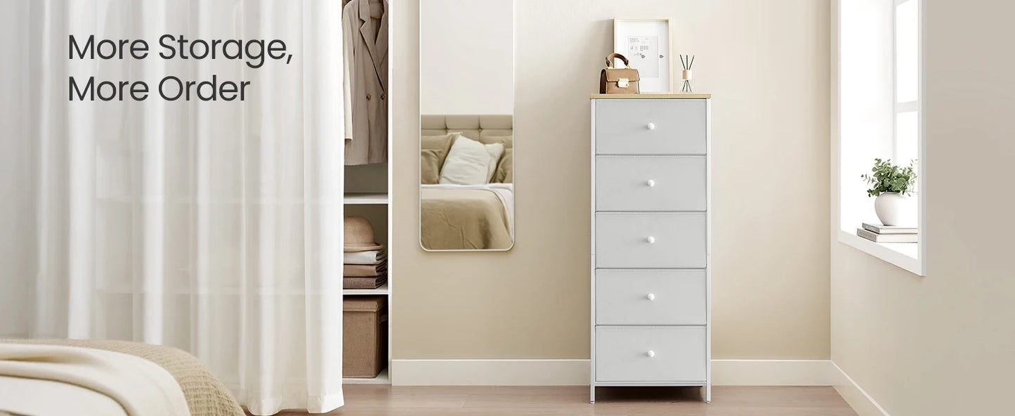 Chest of Drawers Bedroom, Drawer Storage Unit, Dresser with 5 Fabric Drawers, Metal Frame, Tall and Slim, for Closet