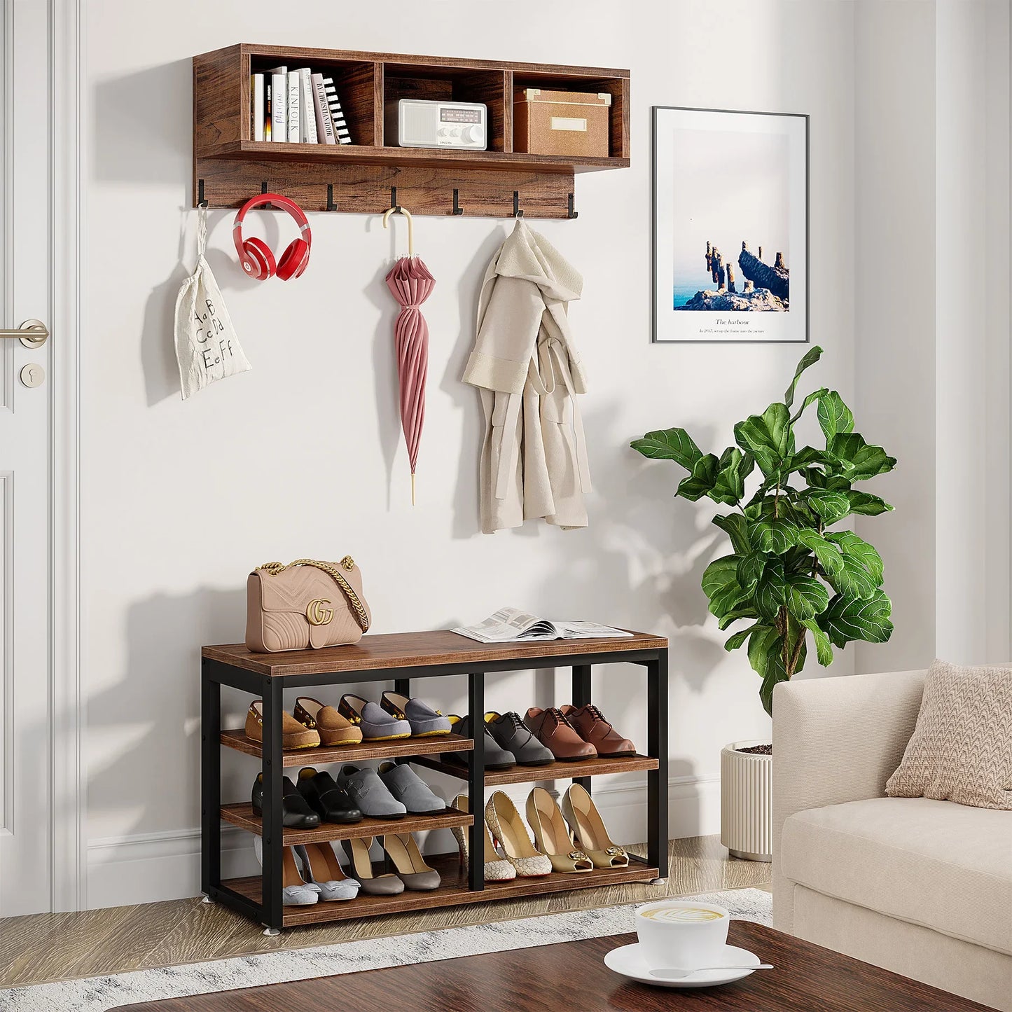 Tribesigns Coat Rack Shoe Bench Set, Hall Tree with Shoe Bench, Industrial Shoe Rack Bench with Coat Rack, 3 Storage Cubbies