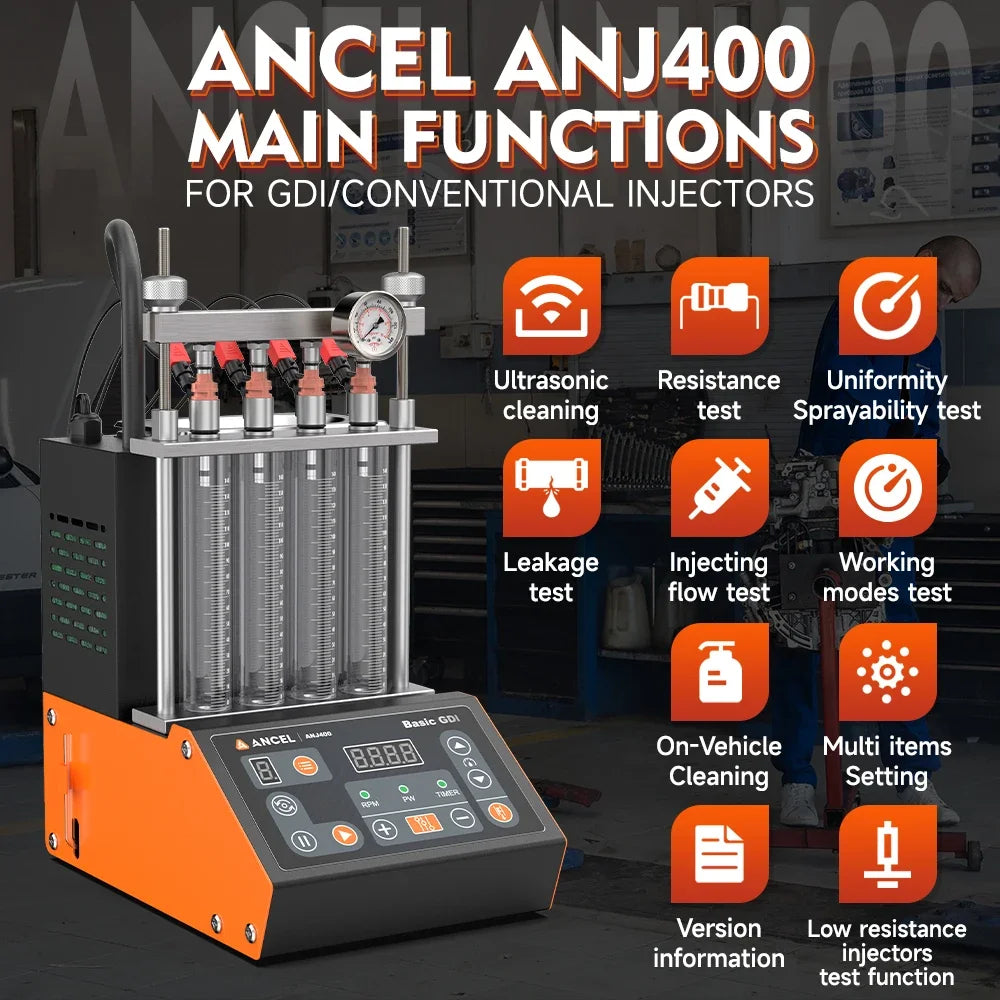 ANCEL ANJ400 GDI Fuel Injector Tester for Car Mortocycle Injector Cleaner Ultrasonic Cleaning Leack Test Diagnostic Tool