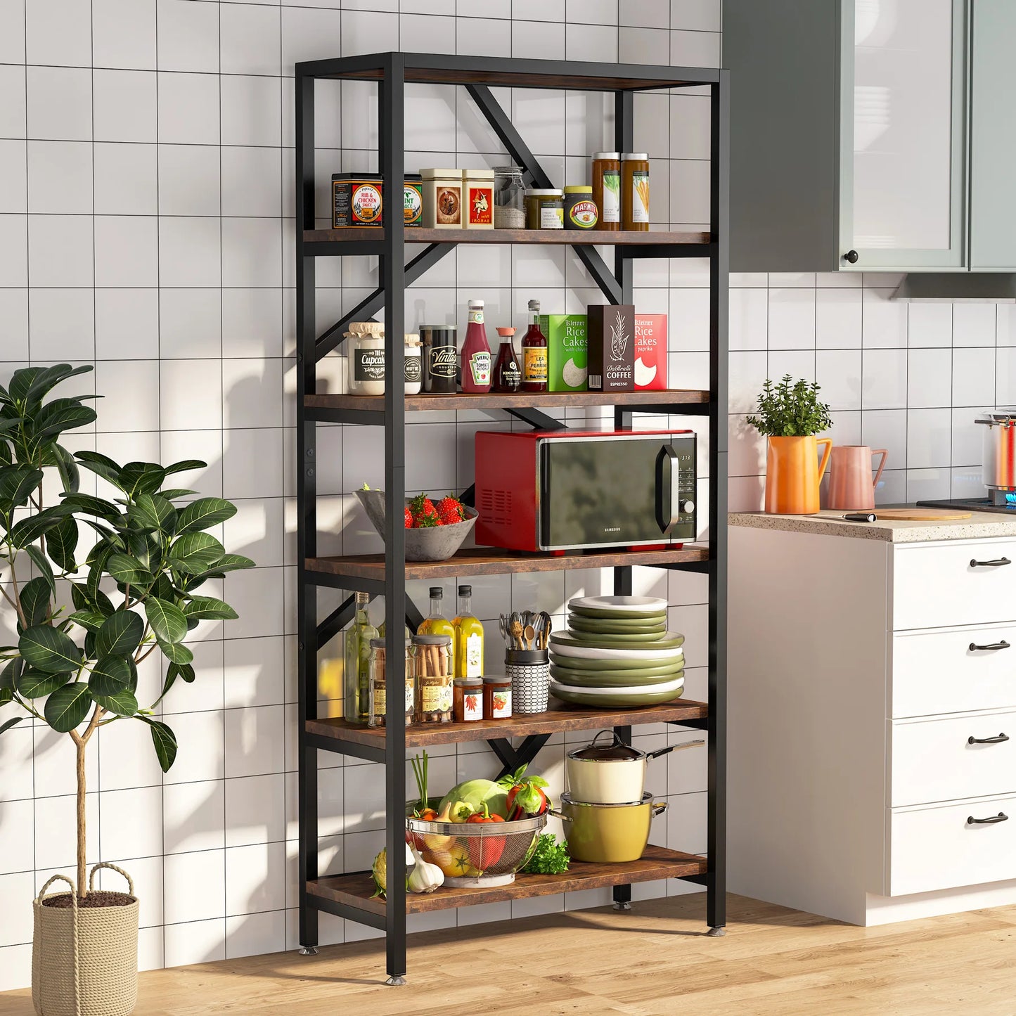 Tribesigns Industrial Bookshelf, Tall Bookcase with Open Shelves, Wood and Metal Display Shelf Storage Shelves