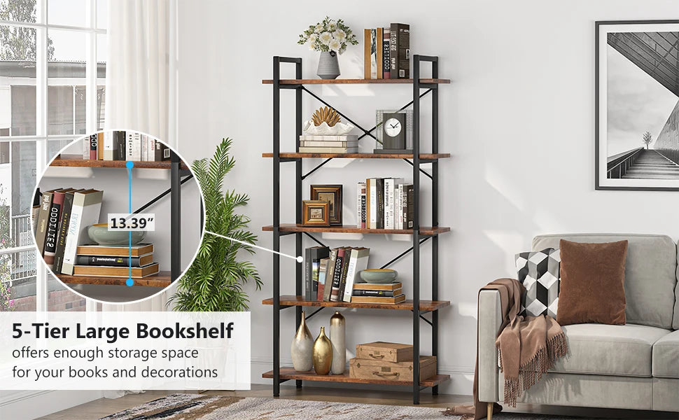 Tribesigns Industrial Bookshelf, Tall Bookcase with Open Shelves, Wood and Metal Display Shelf Storage Shelves