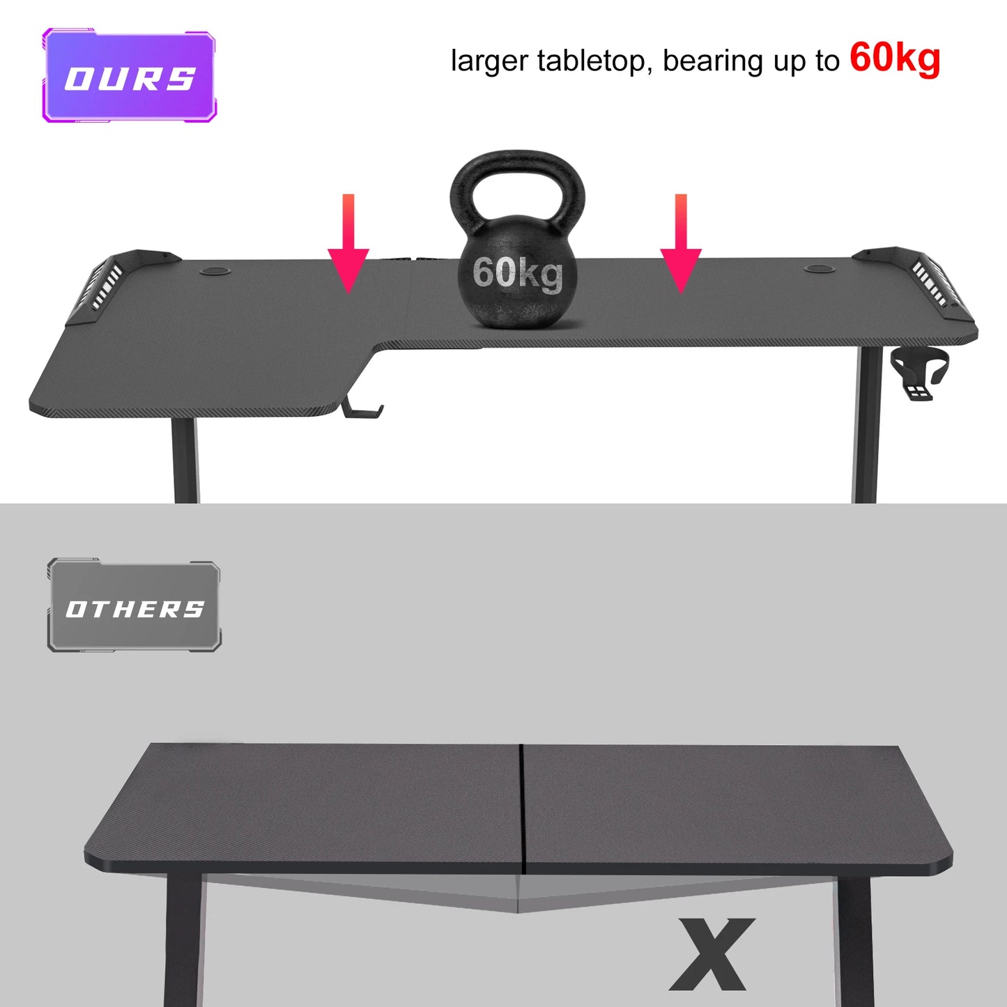 L Shape Corner Desk Game Table with 6 Colors RGB Light Headphone Hook and Cup Holder