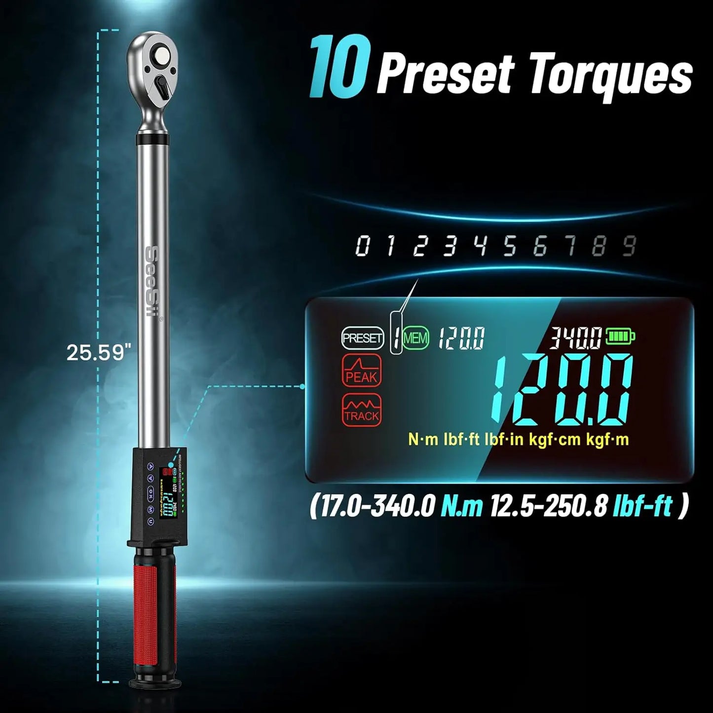 Digital Torque Wrench 1/2” Drive Electronic Torque Wrench Kit 17-340N.m Torque Accurate Electronic Wrench