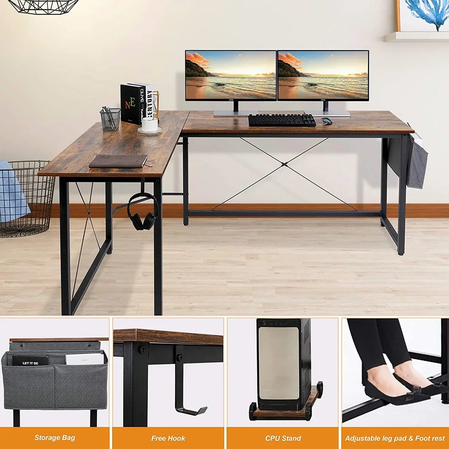 Homfa 66"(176cm) L Shape Desk Computer Gaming Laptop Desk Home Office Corner Workstation Table Study Desk 190cm x 120cm x 75cm