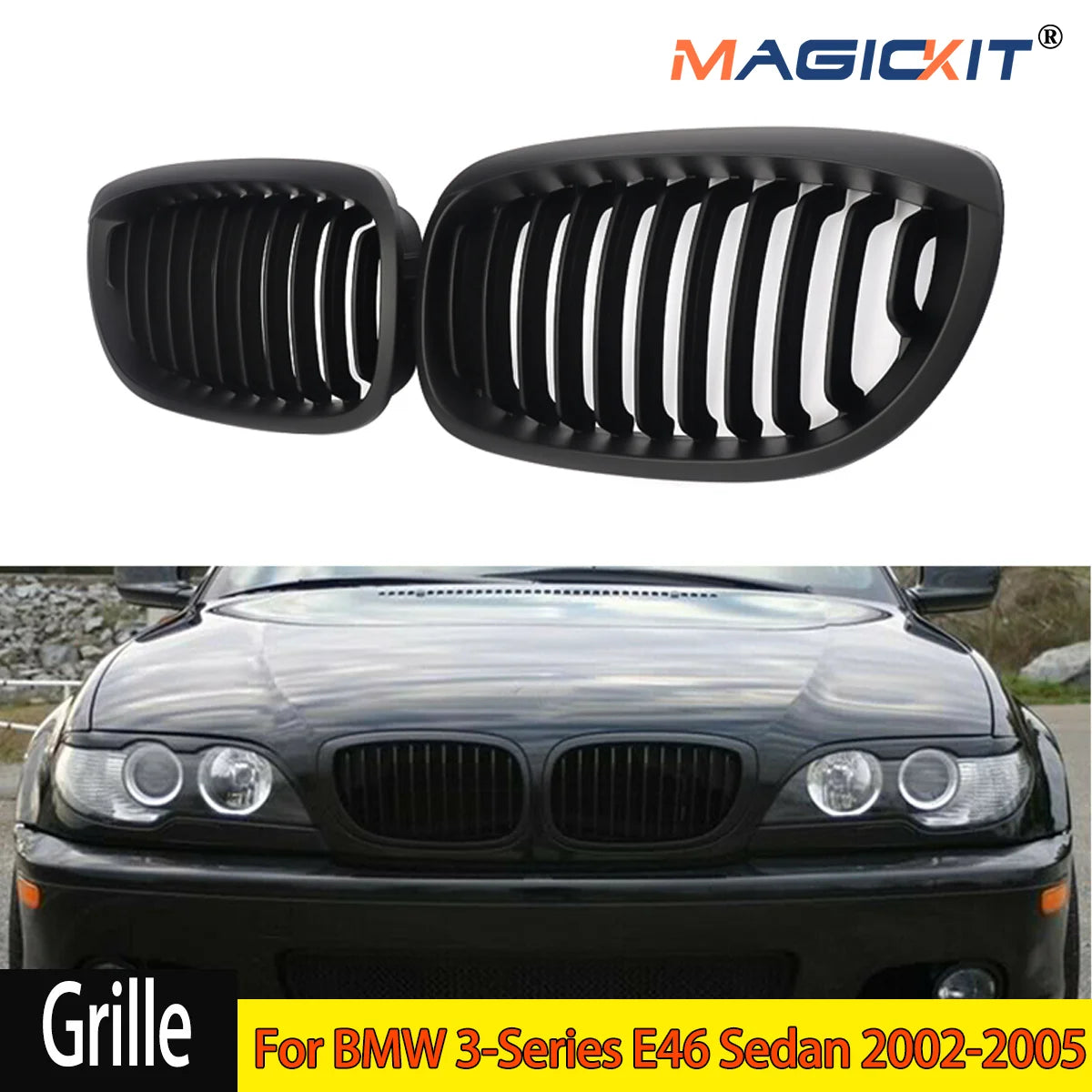 MagicKit Front Bumper Kidney Grills Fit for BMW 3-Series E46 2002-2005 Facelift Grille Gloss Black