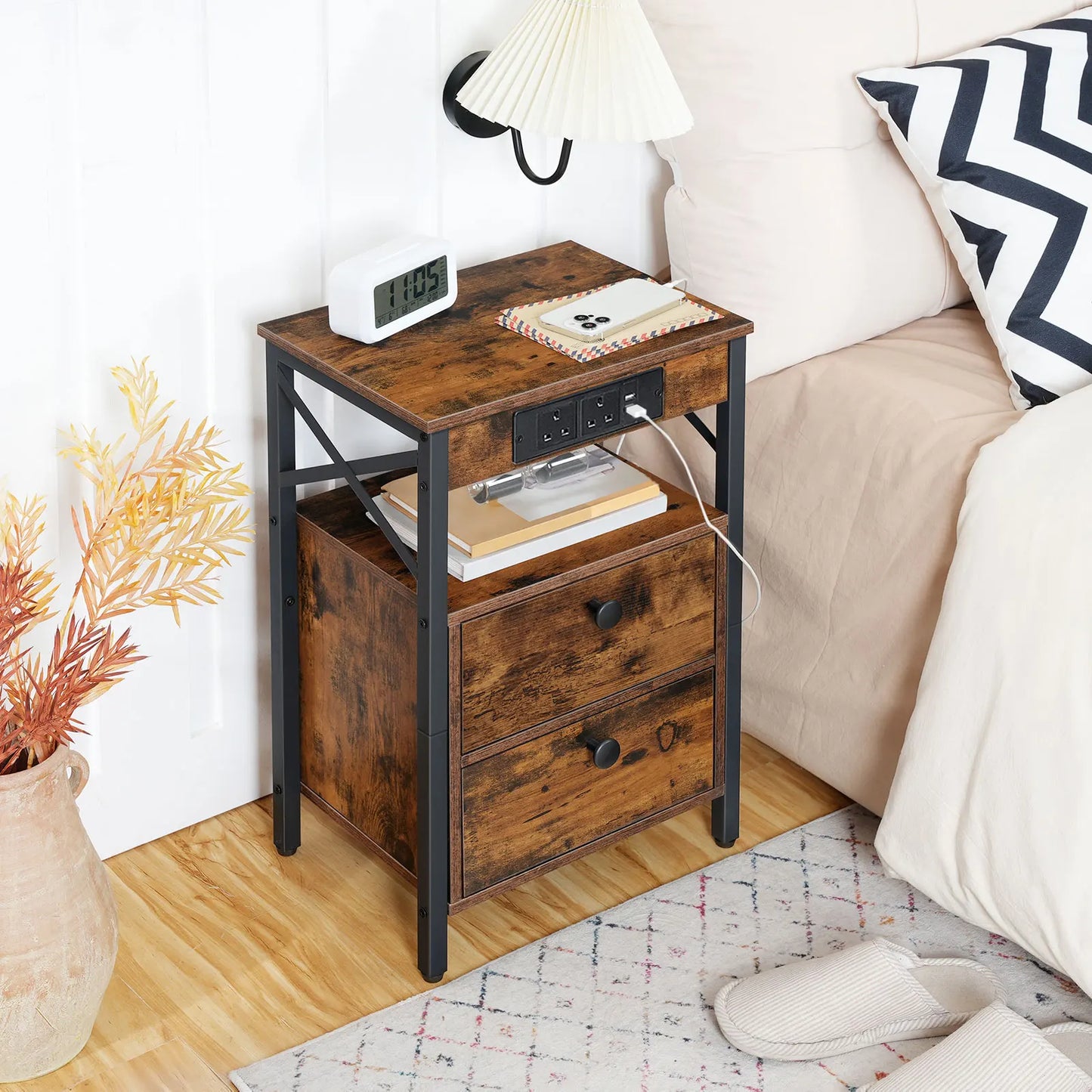 Bedside Table with Charging Station Side Table with 2 USB Ports and 2 AC Outlets Bed Side Table with 2 Flip-Down Compartments