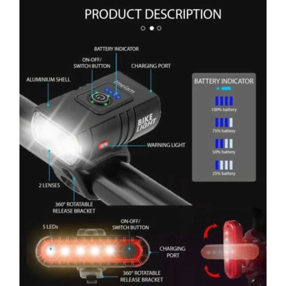 Mountain Bike Lights USB Rechargeable Bicycle T6 LED Torch Front Rear Lamp Set
