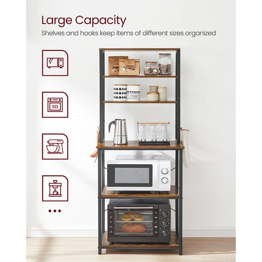 VASAGLE Kitchen Storage Rack, Coffee Bar, Baker s Rack, Total 6 Shelves and 6 Hooks, for Microwave, Steel Frame, 40 x 60 x 167cm