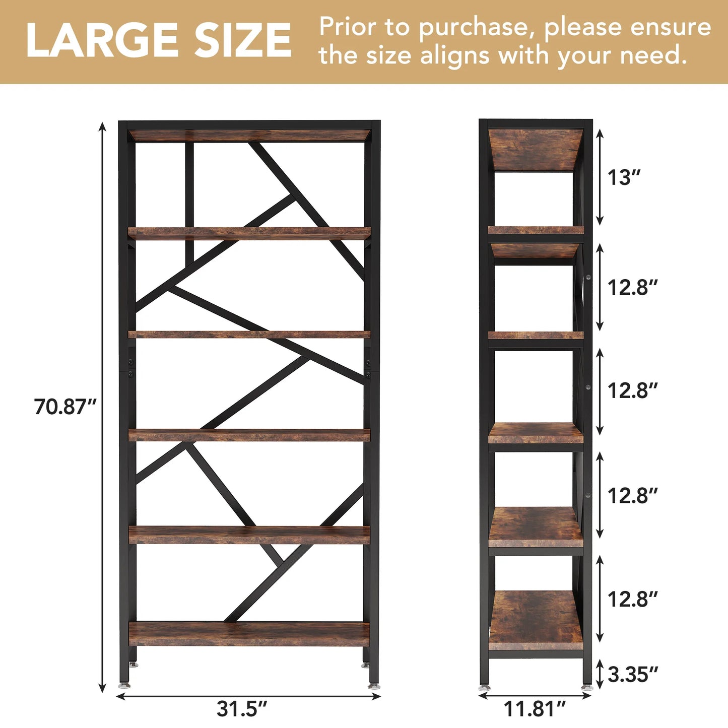 Tribesigns Industrial Bookshelf, Tall Bookcase with Open Shelves, Wood and Metal Display Shelf Storage Shelves