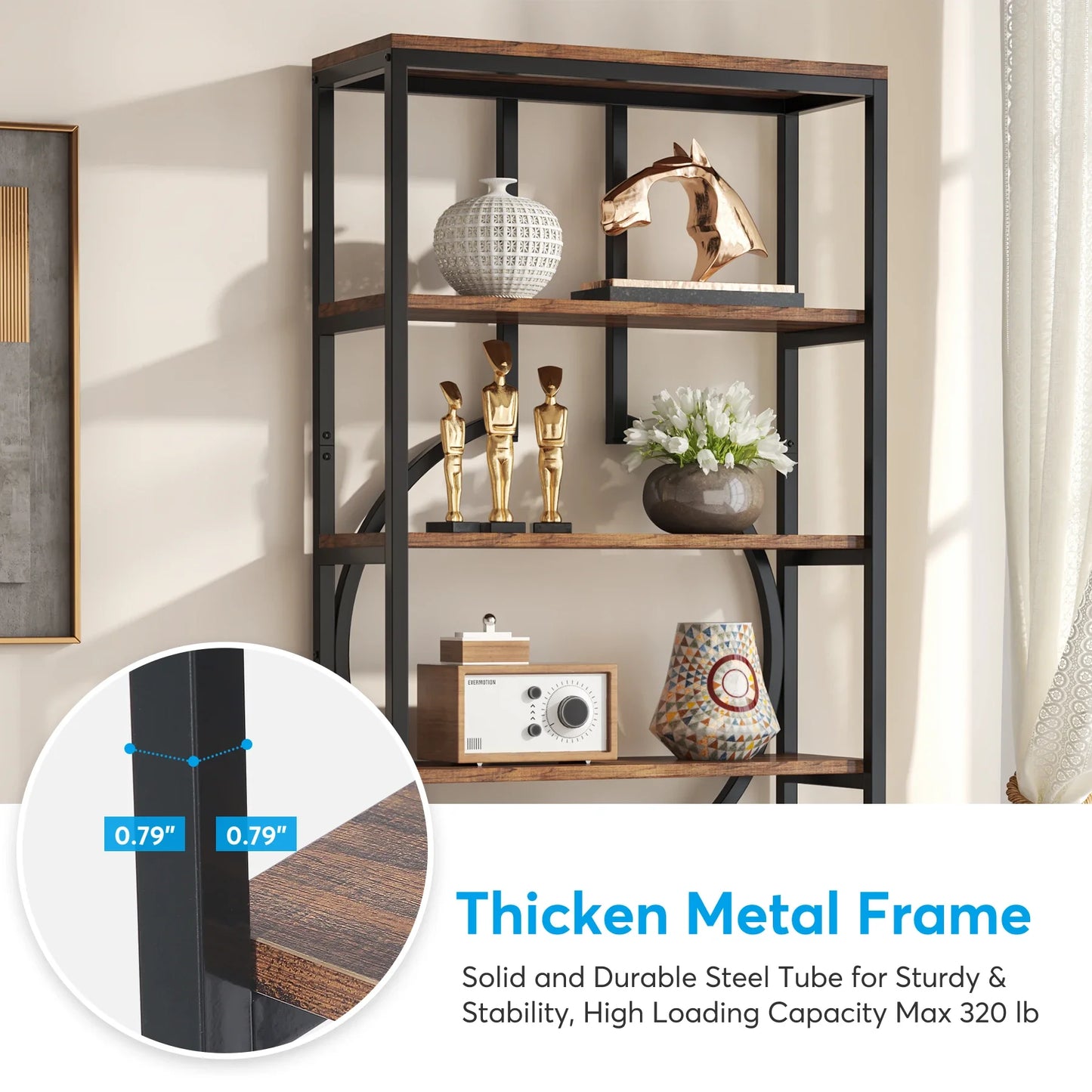 Tribesigns Industrial Bookshelf, Tall Bookcase with Open Shelves, Wood and Metal Display Shelf Storage Shelves