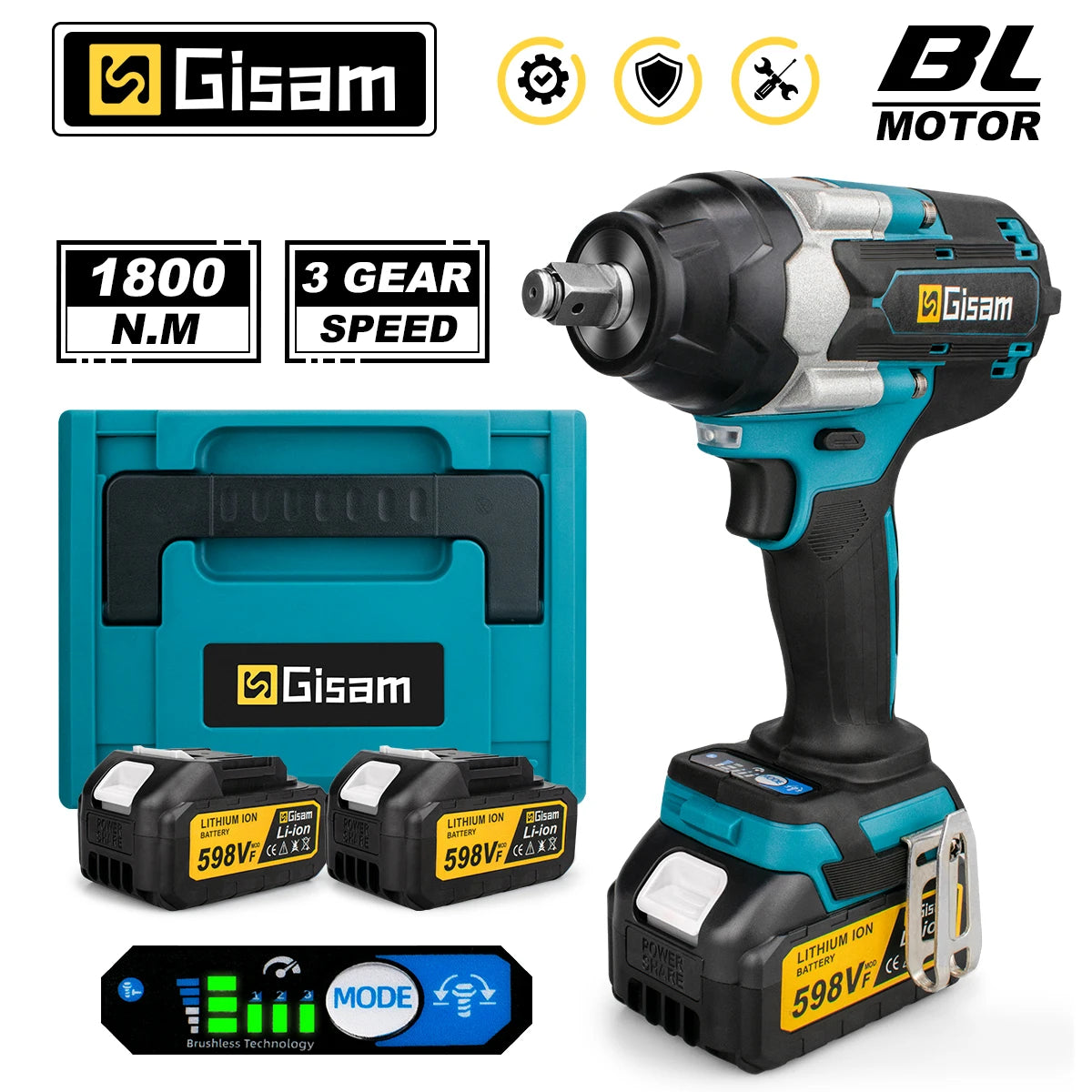 Gisam Torque Brushless Electric Impact Wrench 1/2 inch Impact Gun Cordless Wrench Power Tool For Makita 18V Battery Pin